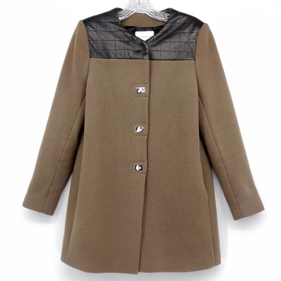 Sandro Brown Mid-length Wool Coat Jacket Black Leather Detail Size 40